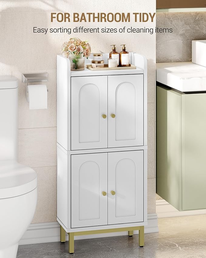 Bathroom Cabinet, Small Storage Cabinet with 4 Doors, Bathroom Organizers and Storage Cabinets with Adjustable Feet. Cabinets Freestanding for Living Room, Kitchen, 7.1"D x 14.6"W x 32.7"H