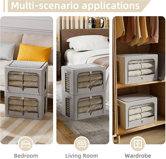 FHSQX 3 Pack Clothes Storage Bins - Foldable Metal Frame Storage Box - Stackable Linen Fabric Container Organizer Set with Carrying Handles and Clear Window (Light Gray, 16.5x12.2x12.2inch(40L))