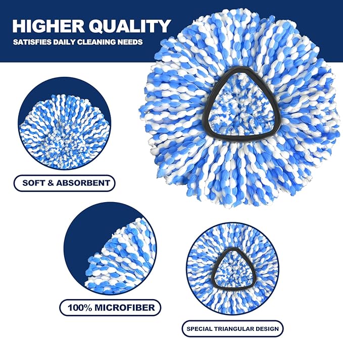 Spin Mop Replacement Head, 3 Pack Mop Replacement Head, Easy Cleaning, Microfiber, Spin Mop Refills, Machine Washable