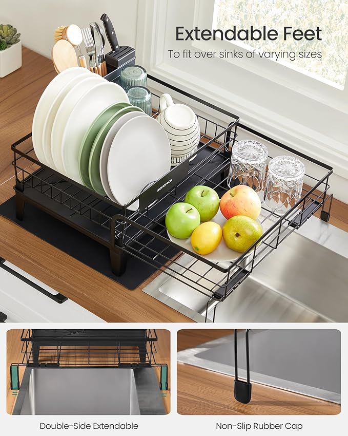 SONGMICS Dish Drying Rack, Kitchen Dish Rack with Drainboard, 360° Rotatable and Extendable Spout, with Cutlery Holder, (12.2-22) x 16.5 x 7.9 Inches, Ink Black UKCS552B01