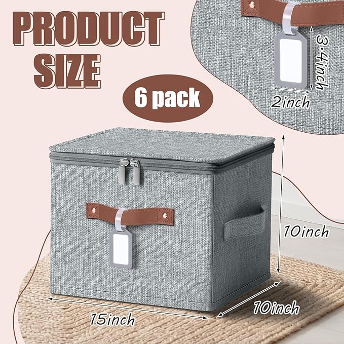 Fiwochic 6 Pack Fabric Storage Bins with Lids, 15x10x10Inch Foldable Cotton Linen Storage Boxes with PU Leather Handles and Label Holders for Closet, Bedroom, Shelf, Nursery, Gray