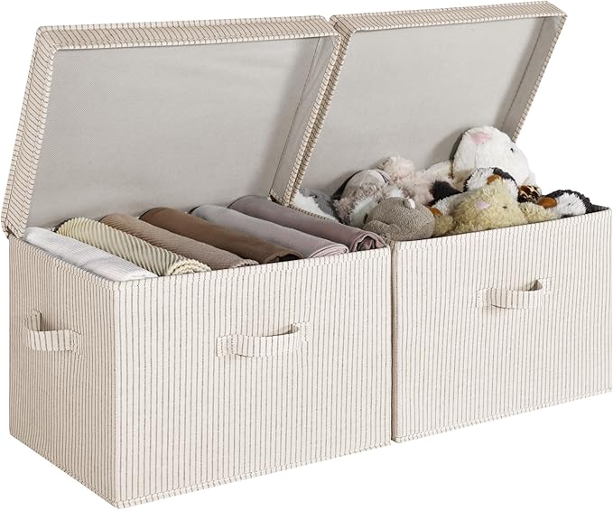 StorageWorks Fabric Storage Bins with Lid, Decorative Storage Boxes for Shelves, Stackable Closet Organizer Basket with Handles, Jumbo, Khaki and Beige Stripes, 2-Pack