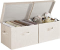 StorageWorks Fabric Storage Bins with Lid, Decorative Storage Boxes for Shelves, Stackable Closet Organizer Basket with Handles, Jumbo, Khaki and Beige Stripes, 2-Pack