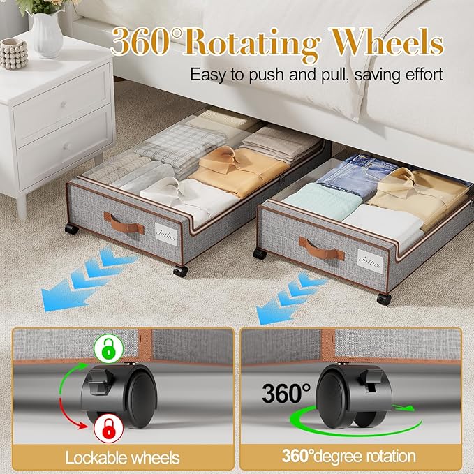 Yecaye Under Bed Storage with Wheels, 2 Pack Under the Bed Storage Containers with Lids & Label, XXL 60L Rolling Underbed Storage Drawers for Clothes, Blankets, Shoes