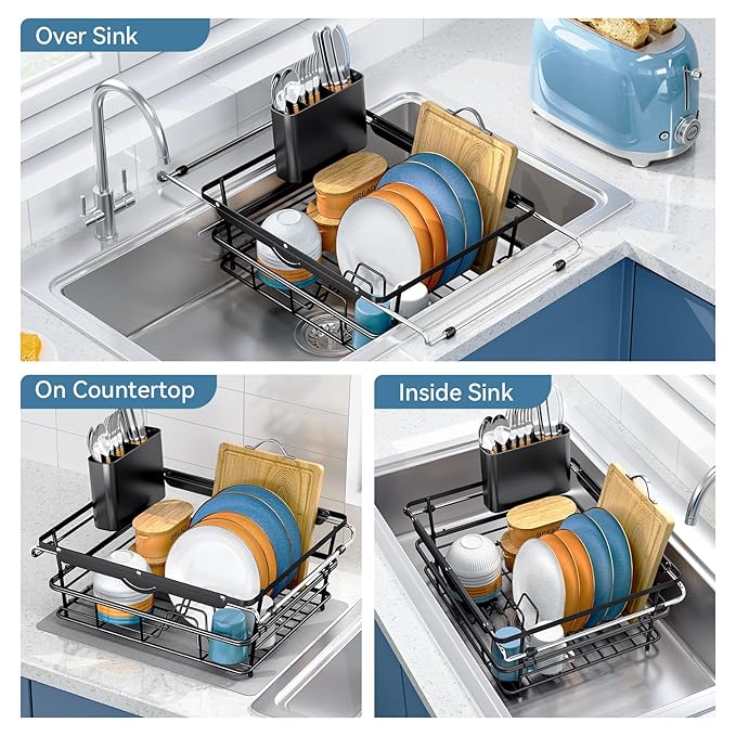 Over the Sink Dish Drying Rack,In Sink Dish Drying Racks,Expandable Dish Rack Over Sink Counter,Adjustable Dish Drainer for Inside Sink with Utensil Holder, Stainless Steel Dish Strainer XLarge Size