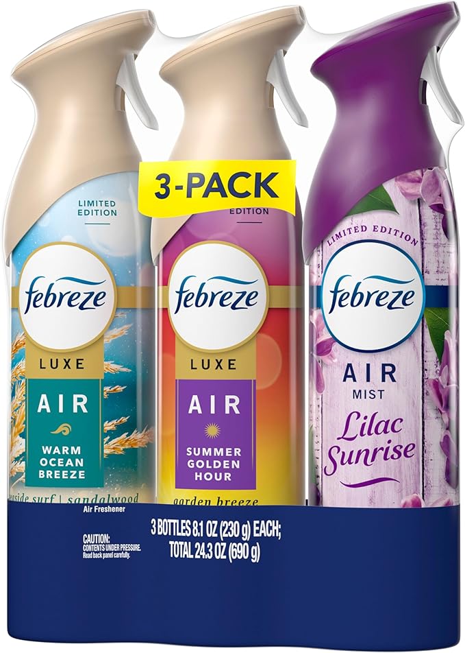 Febreze Air Mist, Air Freshener, Odor Fighting Room Spray, Deodorizer for Home Bathroom Kitchen Office Apartment, Lilac Sunrise, Warm Ocean Breeze, Summer Golden Hour Variety Pack, 8.1oz (Pack of 3)