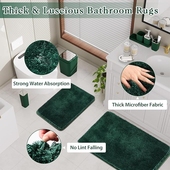 Dark Green Bathroom Accessories Set with Shower Curtain and No-Slip Bath Rugs,24PC Bath Sets with Trash Can, Toothbrush Holder, Cup, Soap Dispenser, Tray, Soap Dish, Toilet Brush, Qtip Holders