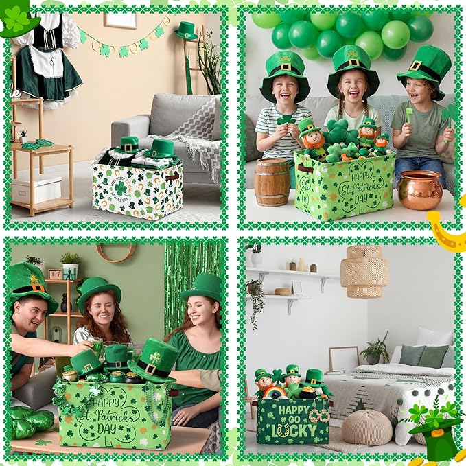 Boao 3 Pack Saint Patrick's Day Storage Baskets for Gifts Empty Collapsible Large Lucky Clover Storage Bins, Canvas Laundry Basket with Handle for Office Home Bedroom Clothes Toys, Irish Holiday Decor