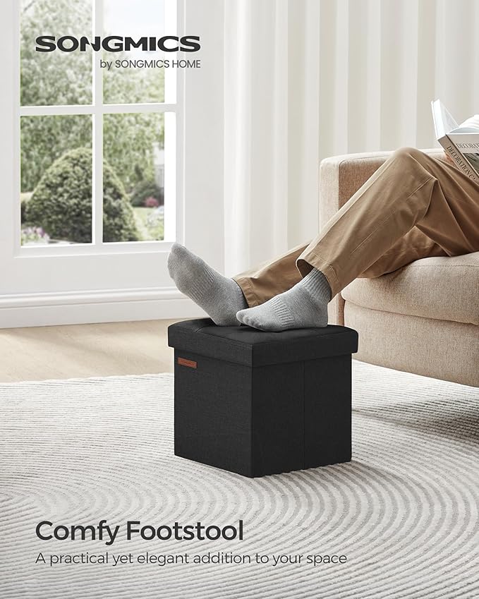 SONGMICS Storage Ottoman, Foldable Small Ottoman Foot Rest, 11.8 Inches Foot Stool, Cube Ottoman with Storage, Load up to 286 lb, for Living Room, Bedroom, Dorm, Ink Black ULSF028B01