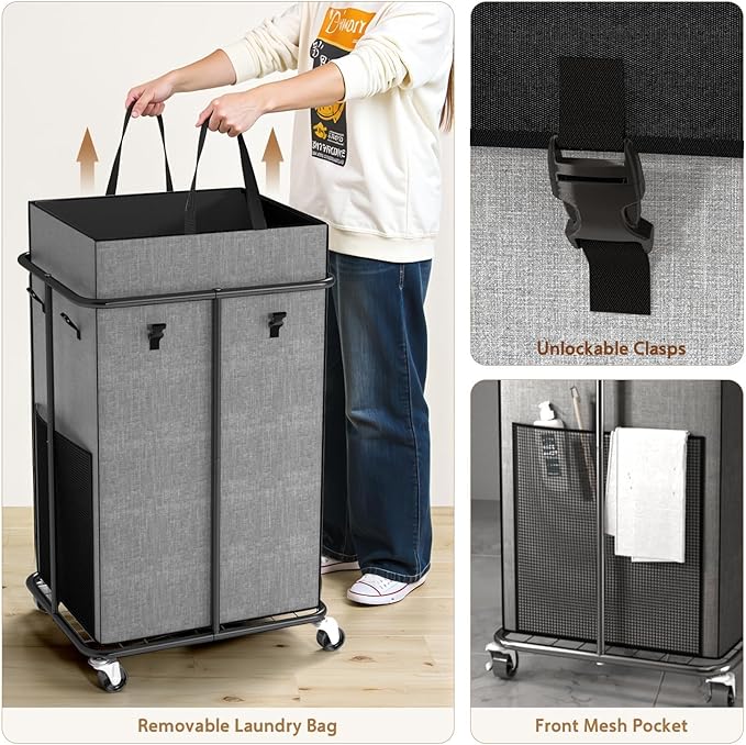 40 Gal Large Laundry Hamper with Lid, Rolling Laundry Basket with Wheels, Oxford Fabric Dirty Clothes Hampers with Removable Laundry Bag & Metal Frame for Bedroom, Laundry Room, Bathroom, Dorm(Grey)