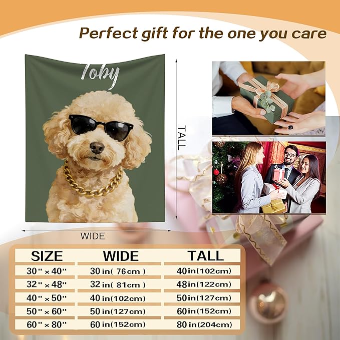 Custom Pet Portrait Blanket Personalized Fleece Throw Blankets with Dog Cat Watercolor Photo & Name Cute Cozy Soft Warm Unique Gift Ideas for Pets Lover Dog's Dad Mom