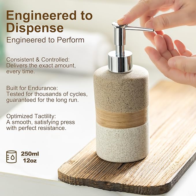 Ceramic Dish Soap Dispenser Set with Silicone Funnel, Hand Soap, Shampoo, Body Wash, Liquid Soap Dispenser for Kitchen and Bathroom, Stainless Steel Pump, Non Slip, 12 Oz