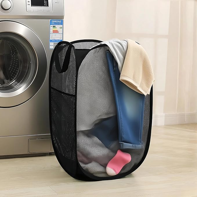 Mesh Laundry Hamper, Foldable Pop-Up Design, Black (black, Large)