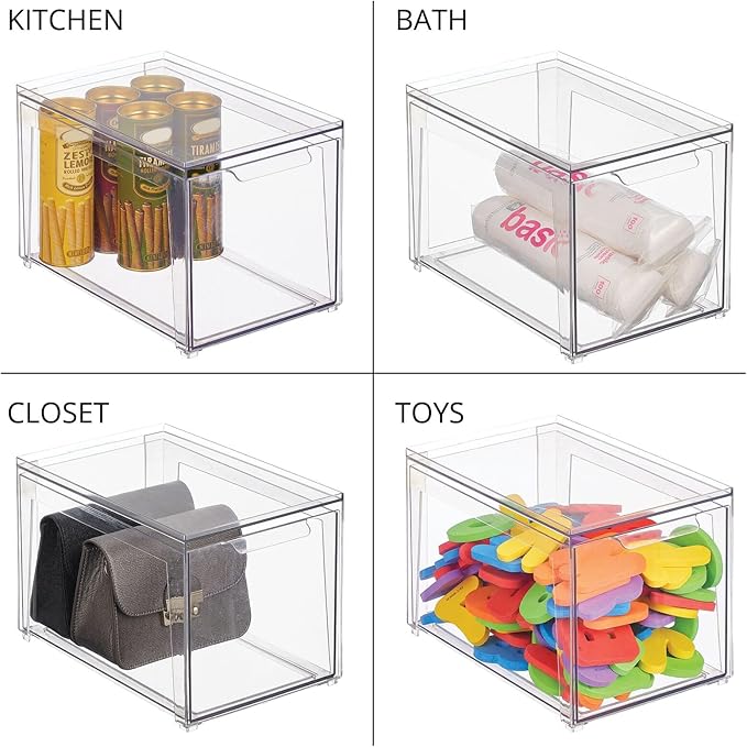 mDesign Plastic Stackable Closet Storage Organizer Bins with Pull Out Drawer for Cabinet, Desk, Shelf, Cupboard, or Dresser Organization - Lumiere Collection - Clear