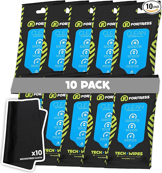 Fortress Electronic Wipes With Microfiber Cloth (25 ct, Pack of 10) To-Go Tech Wipes for Screens, Phones, Keyboards, TV Monitors, Computer Screens, and More [Travel Size] Skin-Safe