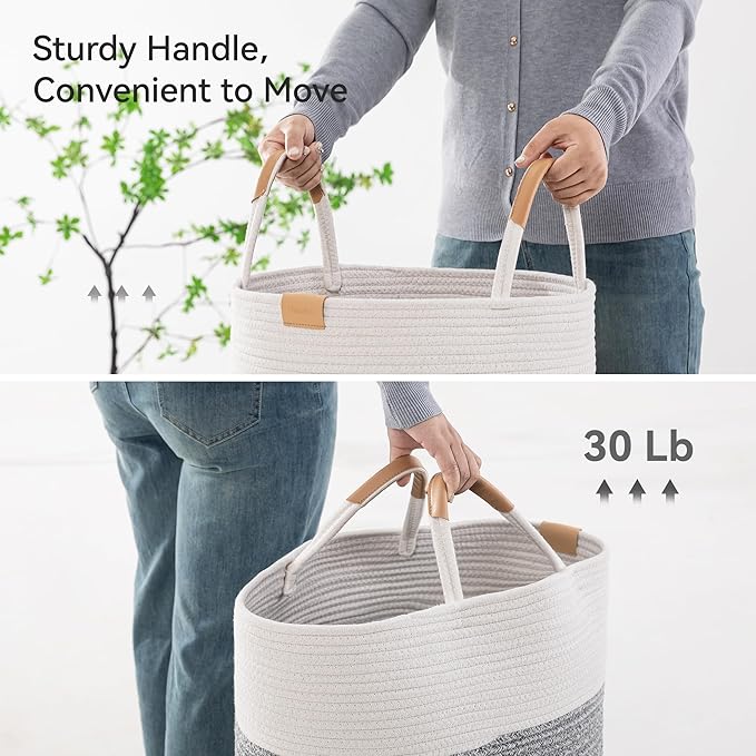 95L Striped Laundry Hamper with Leather Handles,Large Foldable Laundry Basket for Clothes,Cotton Rope Storage Bin for Blankets,Woven Clothes Basket for Bedroom,Gray Stripes