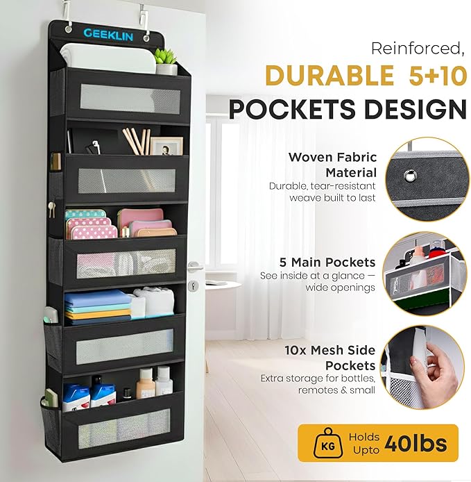 Wall & Door Hanging Organizer with Mesh Pockets – Over The Door Storage Organizer for Bedroom, Bathroom, Closet & Pantry, Space Saving Fabric Pocket Organizer