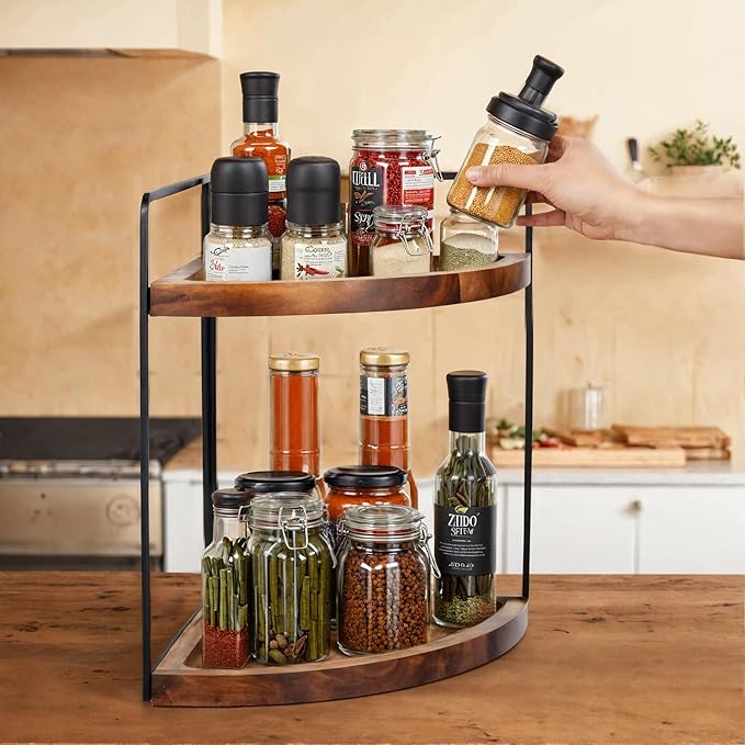 Demigo Bathroom Corner Counter Organizer 13.2x9.9 inch, 2 Tier Acacia Wood Organizer Countertop, Corner Storage Shelf Standing Rack, Cosmetic Vanity Tray Kitchen Spice Rack, Bathroom Storage Décor