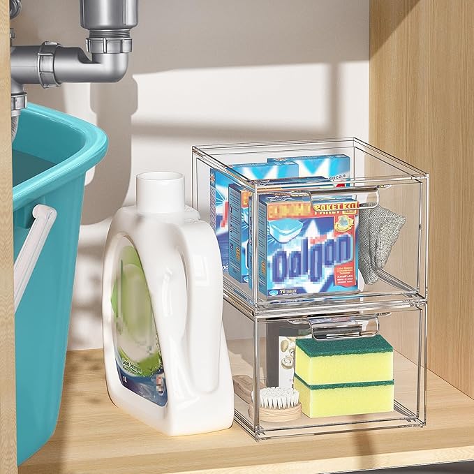 2 Pack Stackable Makeup Organizer and Storage, Acrylic Organizers，Clear Plastic Storage Drawer with Handles for Vanity, Undersink, Kitchen Cabinets, Pantry
