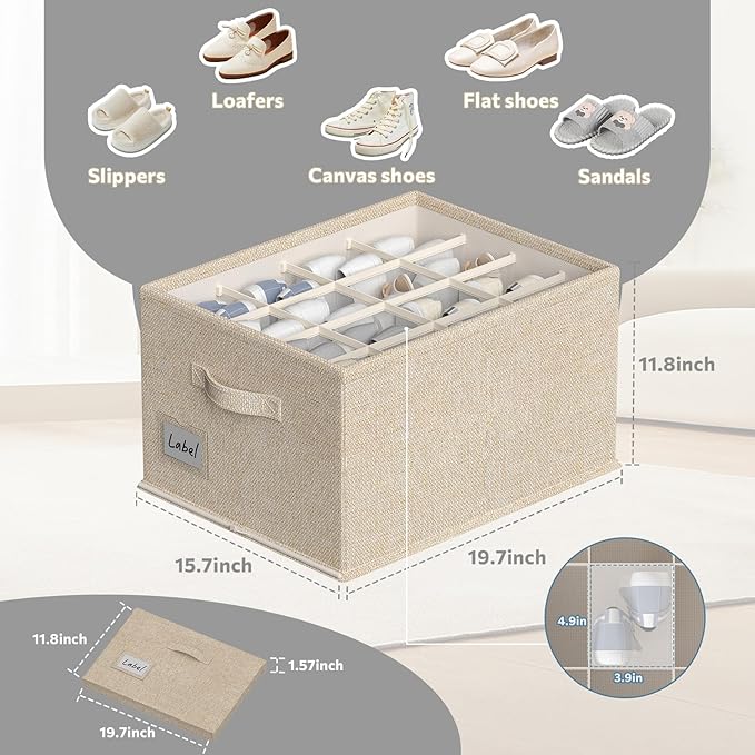 2 Pack Shoe Organizer for Closet, Fits 16-32 Pairs Fabric Shoe Storage Bins Large Shoe Box Storage Containers with Bottom Support for Shoes Space Saving Shoes Holder (Beige, 19.7*15.7*11.8in)