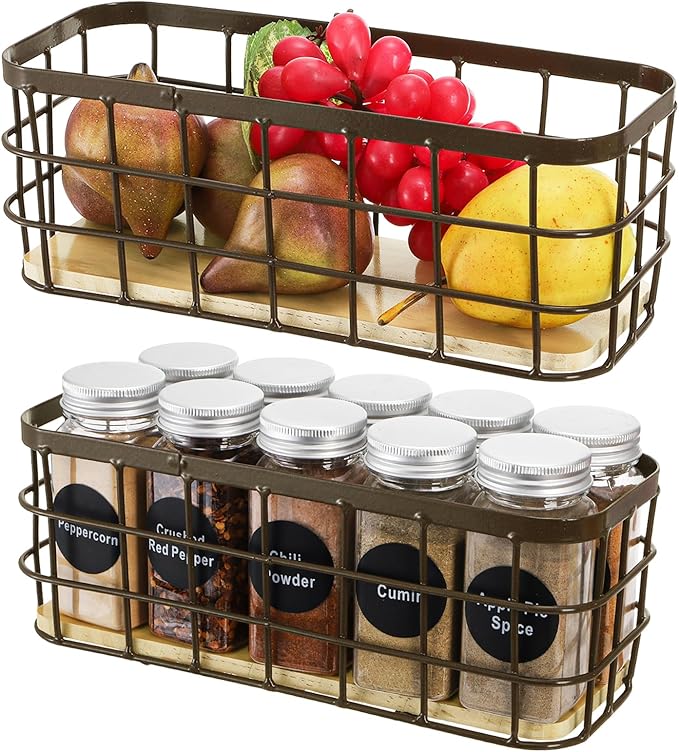 Dicunoy Set of 2 Small Wire Baskets, Narrow Rustic Storage Bin for Bathroom Counter, Farmhouse RectangleOrganizer Tray for Kitchen Countertop, Pantry, RV, School Classrooms, Office Decorative