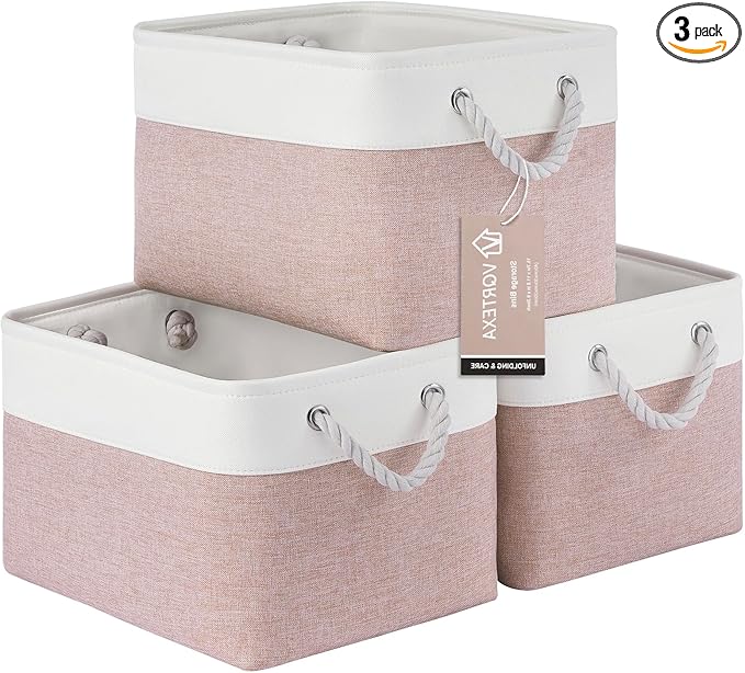 Large Storage Baskets- 15x11x10 inch Storage Bins for Shelves and Closet Organizing, Foldable Fabric Bin for Home Organization Clothes and Laundry (3-Pack, White&Pink)