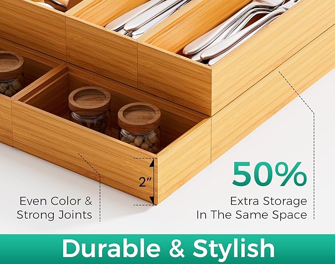 Bamboo Kitchen Drawer Organizer Boxes – 15" x 6" Stackable Wood Silverware Utensil Tray for Drawers Bins, Cutlery & Flatware Storage – Wooden Organizers Set of 2 for Junk Drawer, Bathroom, RV