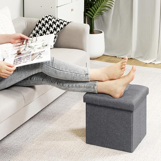 B FSOBEIIALEO Storage Ottoman Cube, Storage Chest Folding Foot Rest Seat, Linen Grey 12.6"X12.6"X12.6" (2 Pack)