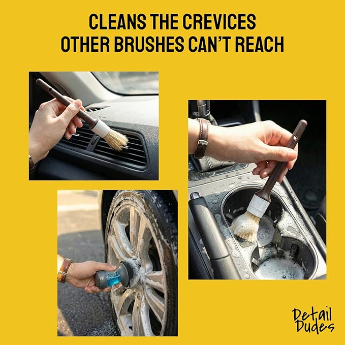 Boar Hair Detailing Brush Set - 9-Pack - Includes Wheel, Tire Brush & Tire Dressing Applicator - Soft Boar Hair Bristles - Scratch-Free Car Wash - Crevice Tools for Vents & Emblems