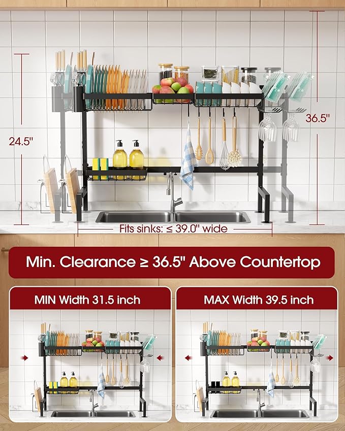 Over The Sink Dish Drying Rack - Adjustable 2 Tier X-Large Capacity Stainless Steel Drainer with Cutlery & Utensil Holders, Kitchen Storage & Organization, 31.5"-39.5"L x 12"W x 24.5"H, Black