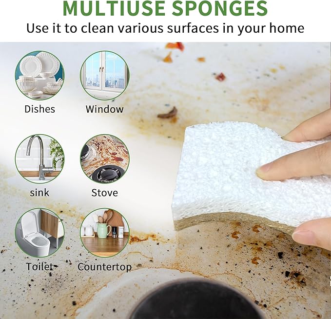 16 Pack Biodegradable Natural Kitchen Sponge - Compostable Cellulose and Coconut Walnut Scrubber Sponge - Eco Friendly Sustainable Sponges for Dishes