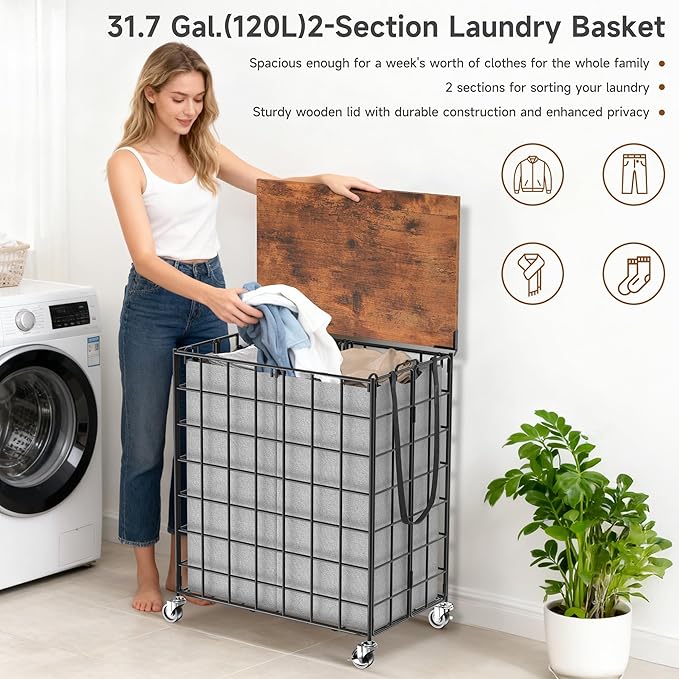 Laundry Basket with Wheels, Heavy Duty Laundry Sorter 2 Sections, Large Capacity 120L (32Gal.) Laundry Hamper with Wood Lid, 360 Rolling Wheels, Extra Side Pocket, Leather Pull Handle (Grey)