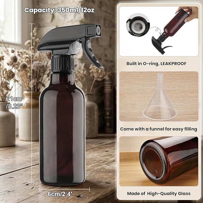 Glass Spray Bottles 12oz Empty Spray Bottle Mist/Stream Spraying Small Refillable Containers for Hair Care, Cleaning Solutions, Plants, Essential Oils 2 Pack (Brown, 12oz)