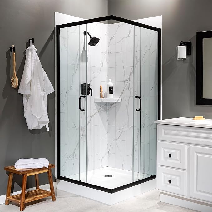 Palisade Vinyl Waterproof Corner Shower Shelf in Carrara Marble/Urban Glacier