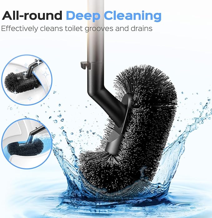 HAMITOR Toilet Plunger and Brush Set: 2 in 1 Stainless Steel Combo with Curved Bristles - Heavy Duty Toilet Unclogging for Family Bathroom - Compact Hideaway Apartment Cleaning Accessories - Black
