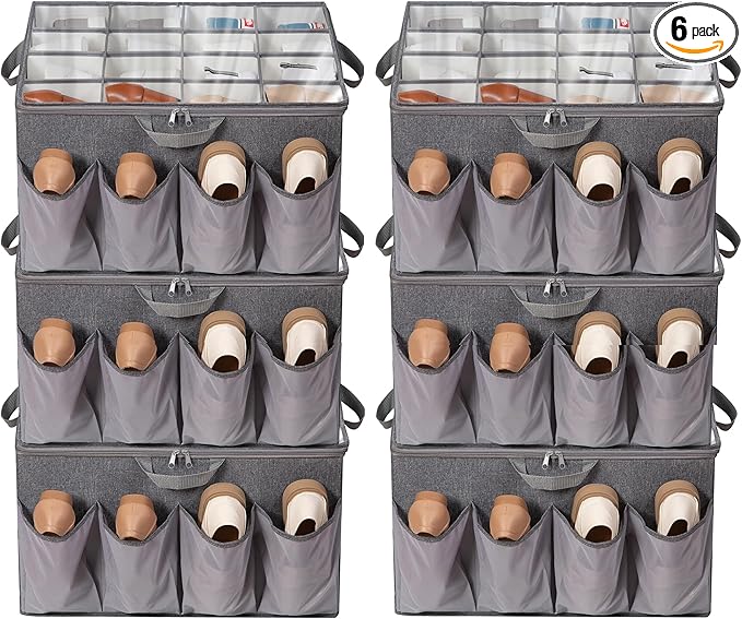 Fabric Shoe Organizer for Closet, Fits up to 24 Pairs, Foldable Shoe Storage Bin Containers with Adjustable Dividers and Clear Cover, Grey, 6 Pack