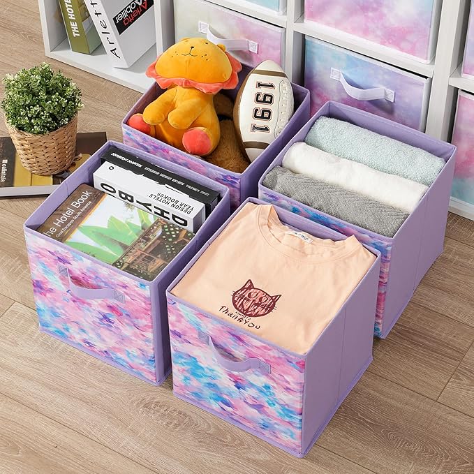 Stero Fabric Storage Cubes, 6 Pack Foldable Storage Bins Baskets with Handle, 11 Inch Box for Shelves, Closet, Organizer, Tie-dye Purple