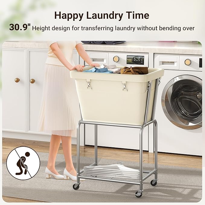 ELYKEN Laundry Cart with Wheels, Rolling Laundry Hamper with Removable Bag and Shelf, Metal Frame Laundry Basket with 4 Casters and 2 Brakes, Ideal for Bedroom, Bathroom, Laundry Room, Cream