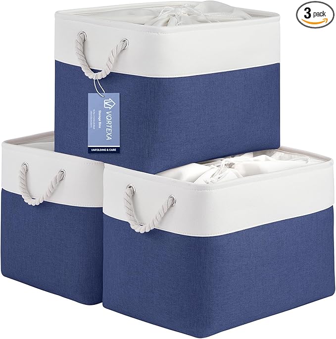 Large Storage Baskets- 16x12x12 inch Storage Bins for Shelves and Closet Organizing, Foldable Fabric Bin for Home Organization Clothes and Laundry (3-Pack, White&Blue)
