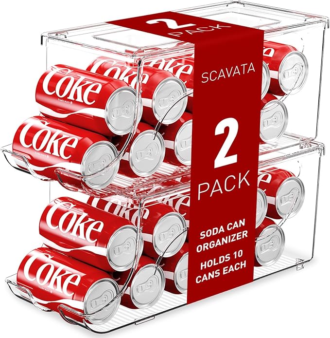 2 Pack Stackable Refrigerator Organizer, Soda Can Dispenser Pop Cans Container Beverage Holder with Lid for Fridge, Freezer, Kitchen, Clear Plastic Storage Bins-Holds 10 Cans Each