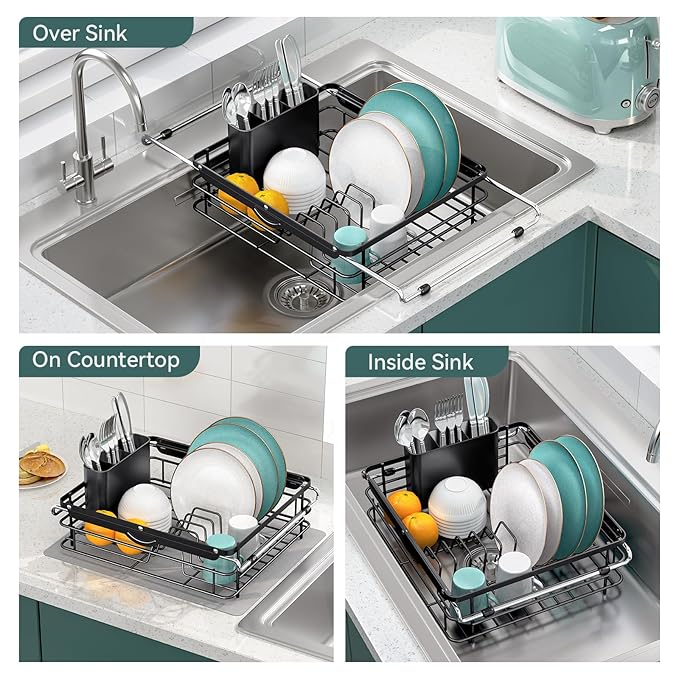 Over the Sink Dish Drying Rack,In Sink Dish Drying Racks,Expandable Dish Rack Over Sink Counter,Adjustable Dish Drainer for Inside Sink with Utensil Holder, Stainless Steel Dish Strainer Large Size