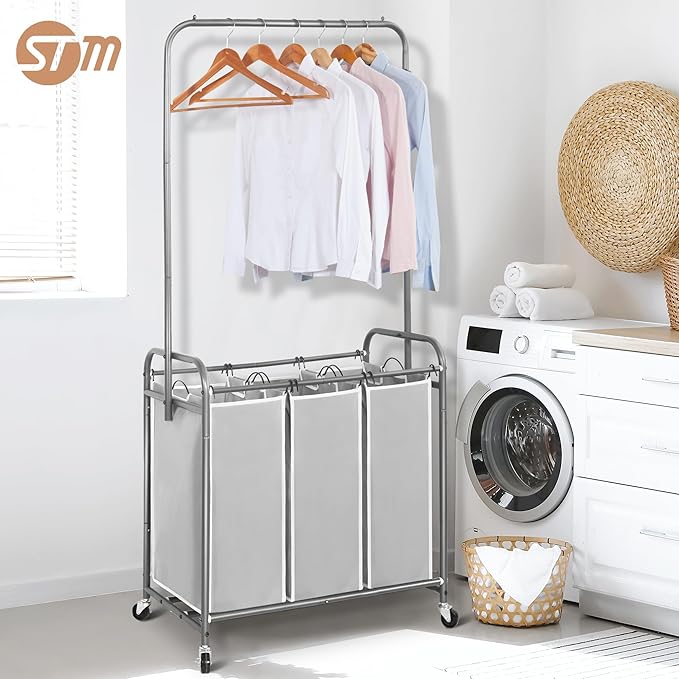 STORAGE MANIAC 136L Laundry Sorter with Hanging Bar, Portable, Removable Laundry Hamper Cart with Heavy Duty Rolling Lockable Wheels and Removable Bags, Rolling Laundry Basket Organizer, 3 Section