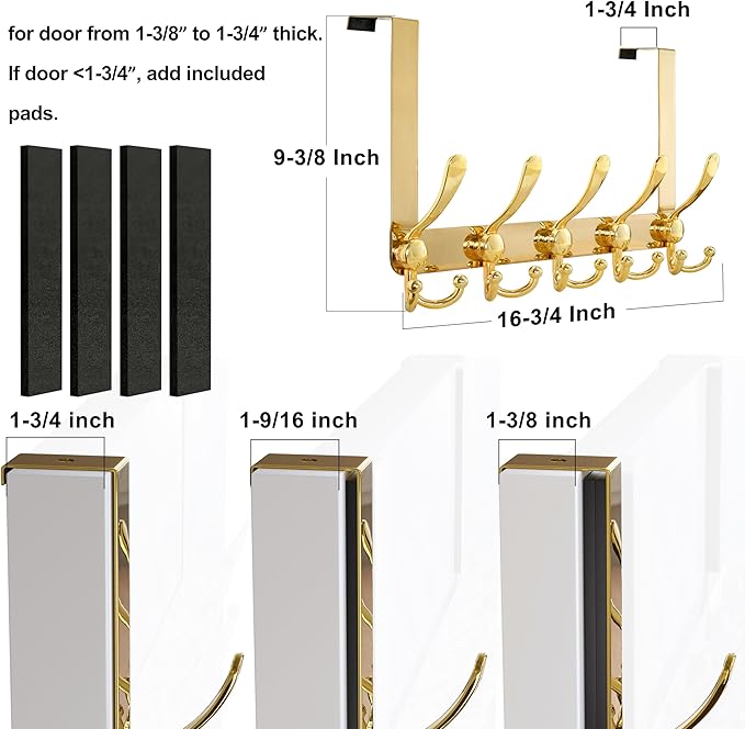 Dseap Over Door Hook 2.0 - Upgraded Version - Simple-Assembly, Strong, Heavy-Duty Stainless Steel 5-Tri-Hook Over The Door Hanger Rack, SimpleStrong Series, Gold, Pack of 2