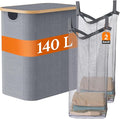 140L Foldable Laundry Baskest with Lid, 2 Section Extra-large Laundry Hamper with Removable Bags and Bamboo Handles for Bathroom, Bedroom & Laundry Room, Grey