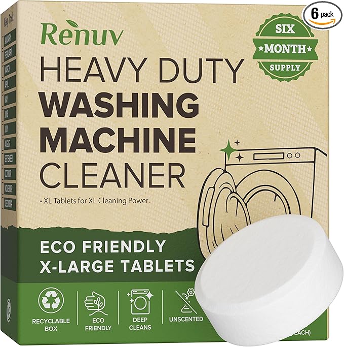 Renuv® Heavy Duty Washing Machine Cleaner Descaler Tablets - for Front Load, Top Load Washer, HE (6 XL Tablets - 6 Months Supply)