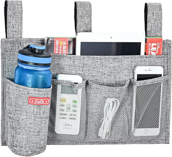 Zafit Linen Bedside Caddy, Bedside Storage Organizer for Hospital Beds, College Dorm Rooms or Baby Bed (5 Pockets-Grey)