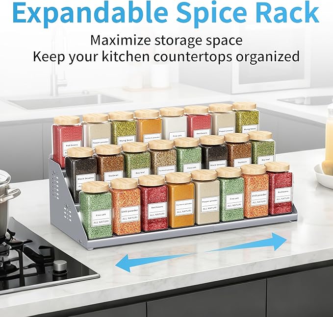 Spice Rack Organizer, Metal Spice Rack Organizer for Cabinet, Countertop Spice Rack - Expandable Width, 3 Tier Spice Shelf for Cabinet, Countertop, Pantry, Cupboard, Gray