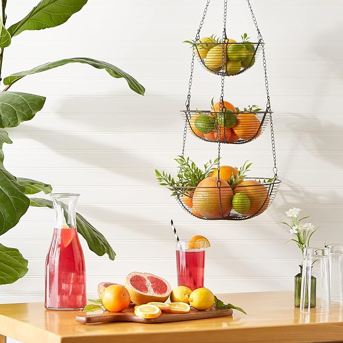 RSVP International Hanging Storage Collection 3-Tier Baskets, Bronze Woven Wire (Pack of 3)