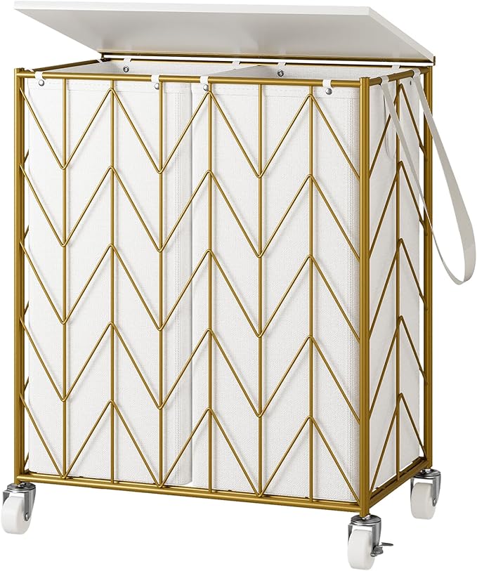 WOWLIVE Laundry Basket with Wheels, Heavy Duty Laundry Hamper with Wood Lid, Clothes Hamper with Divided Removable Liner Bag, Large Capacity Iron-Made Laundry Sorter Laundry Room Organization (Golden)