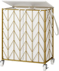 WOWLIVE Laundry Basket with Wheels, Heavy Duty Laundry Hamper with Wood Lid, Clothes Hamper with Divided Removable Liner Bag, Large Capacity Iron-Made Laundry Sorter Laundry Room Organization (Golden)